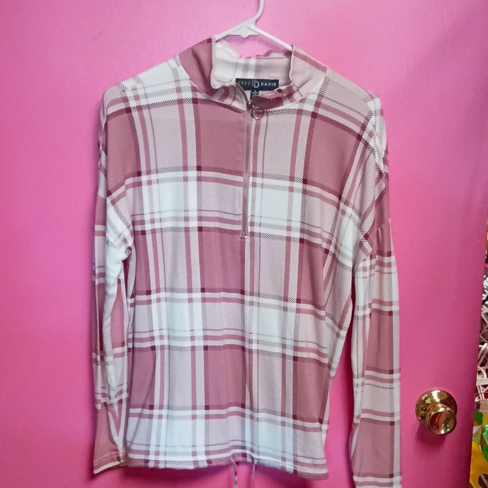 Fred David Woman’s Pink White Plaid Long Sleeve Mock Neck Half-Zip Pullover S